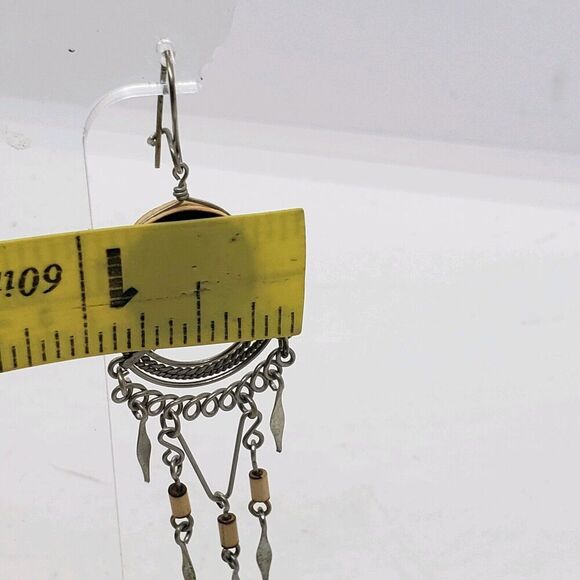 Vintage Earrings Carved Wood & Silver Handmade Boho Long Dangle Drop Ethnic - Picture 6 of 6